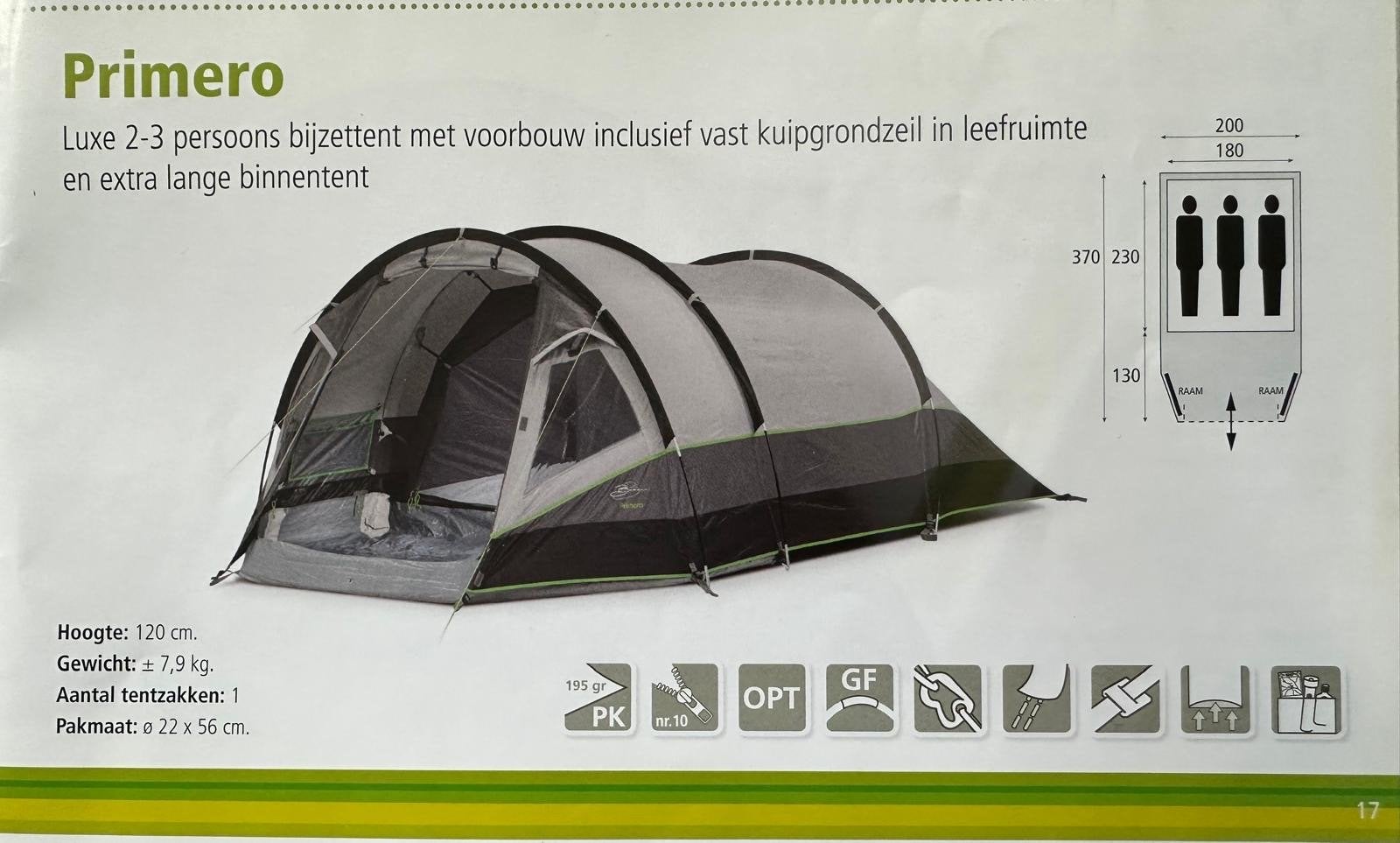 Bardani Primero 3-persoons tent z.g.a.n. De Wit Schijndel, Caravans en Kamperen, Ophalen, Zo goed als nieuw, Tot en met 3