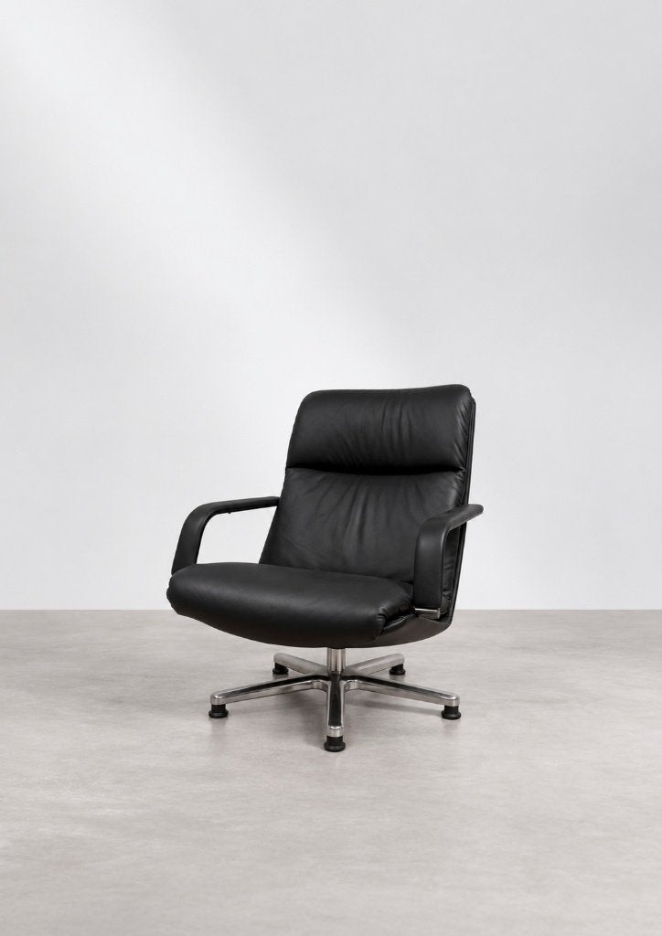 Artifort F141 Zwart Leren Draai Fauteuil Geoffrey Harcourt, Ophalen of Verzenden, Zo goed als nieuw, 50 tot 75 cm, Leer