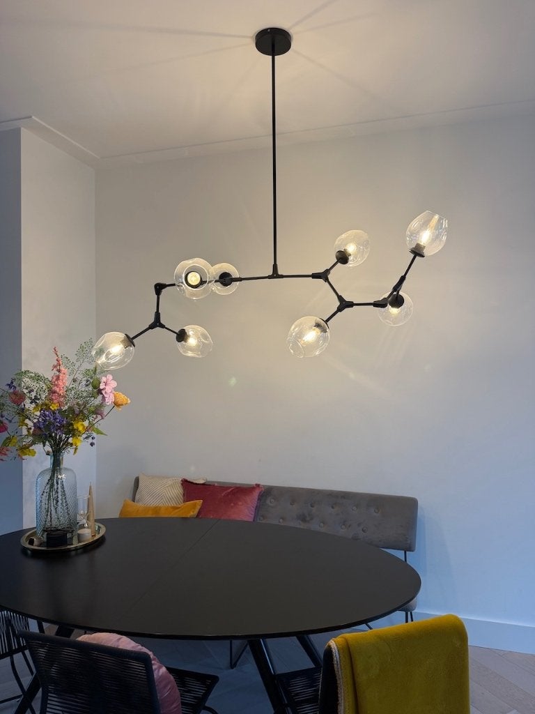 "Sputnik" hanglamp mat zwart met 8 st glazen bollen, Huis en Inrichting, Lampen | Hanglampen, Ophalen, E27 (groot), Zo goed als nieuw