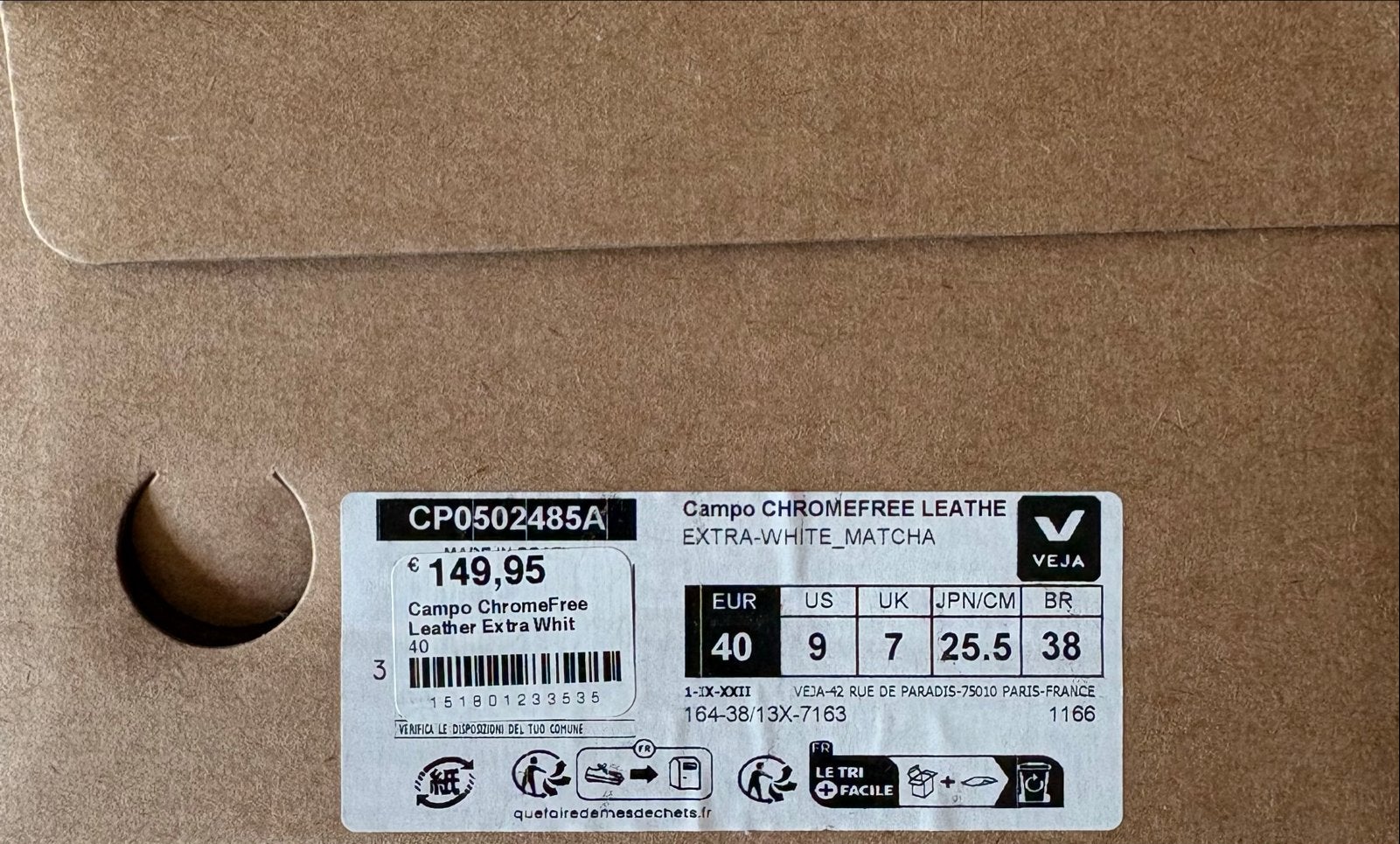 Veja Campo Chromefree Leather Extra White Matcha sneakers, Ophalen of Verzenden, Zo goed als nieuw, Wit, Sneakers of Gympen