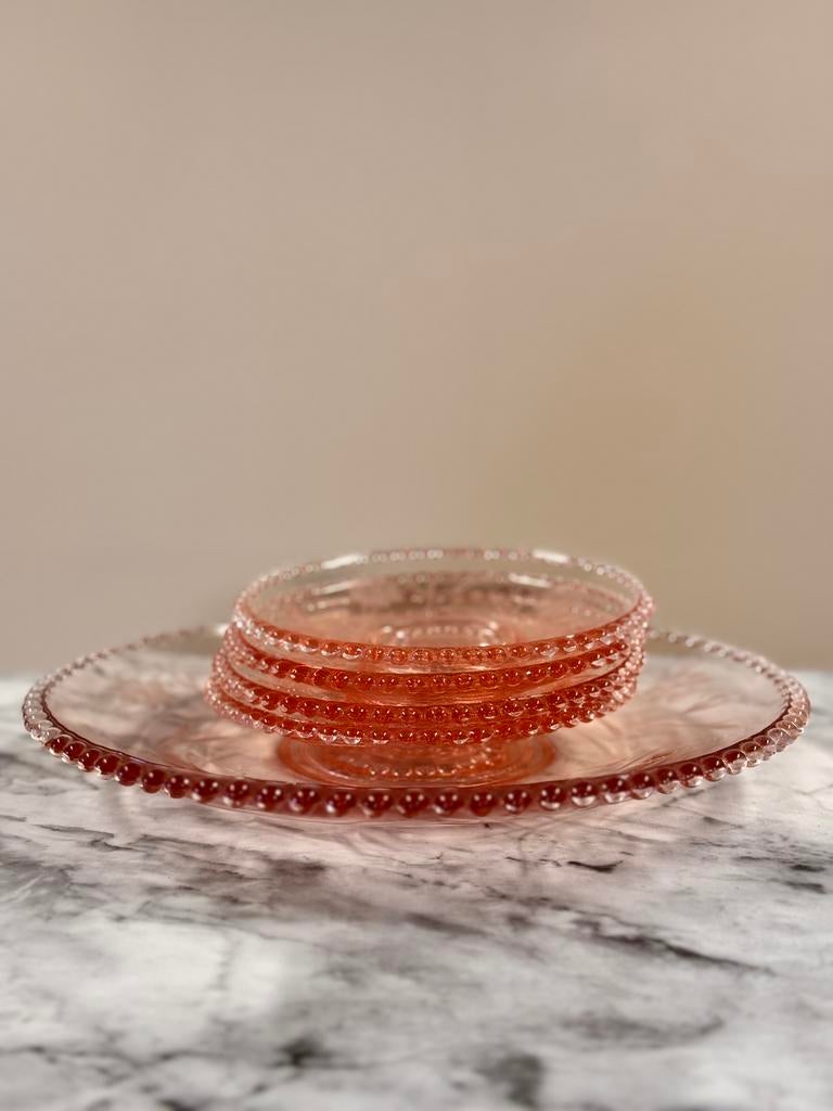 Set vintage roze persglas – Serveerschaal & 4 schaaltjes, Ophalen of Verzenden