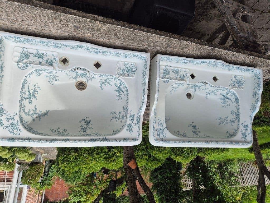 Twee identieke antieke wastafels groen decor pauwen Cauldon, Antiek en Kunst, Ophalen