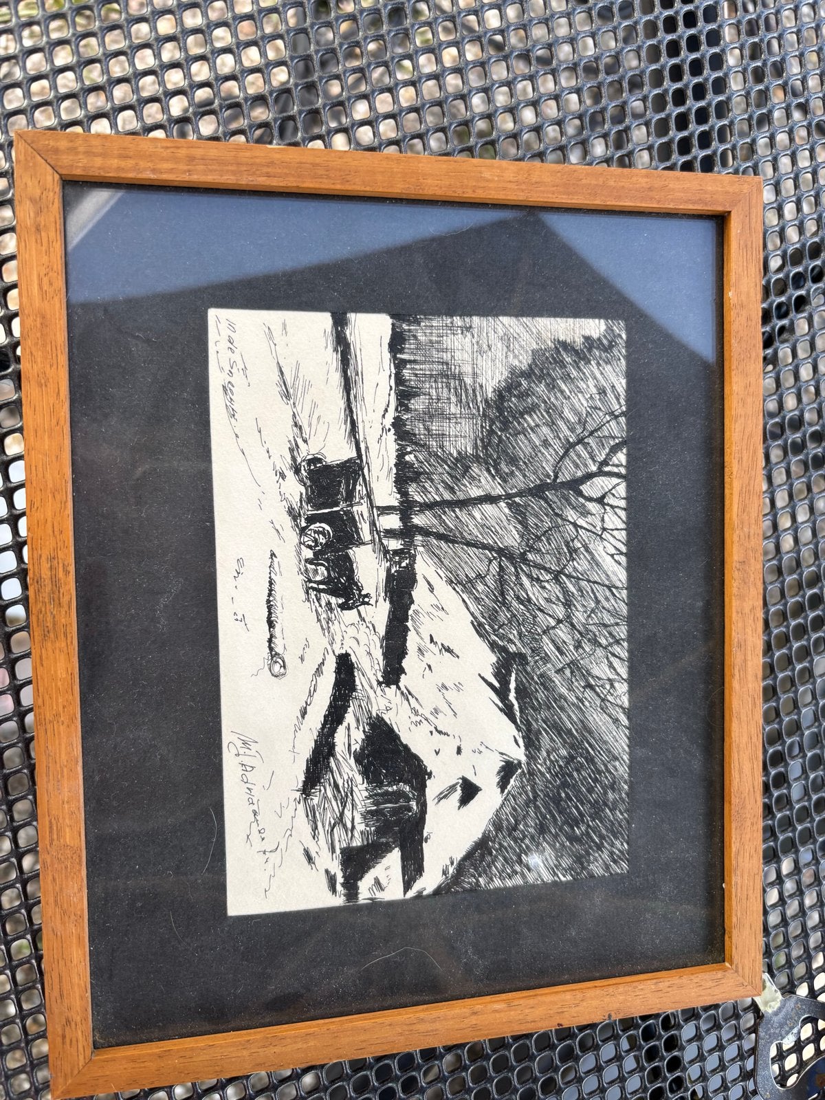 Ingelijste ets van een winterlandschap, gesigneerd, Antiek en Kunst, Kunst | Etsen en Gravures, Ophalen, Ets, Gesigneerd, Landschap