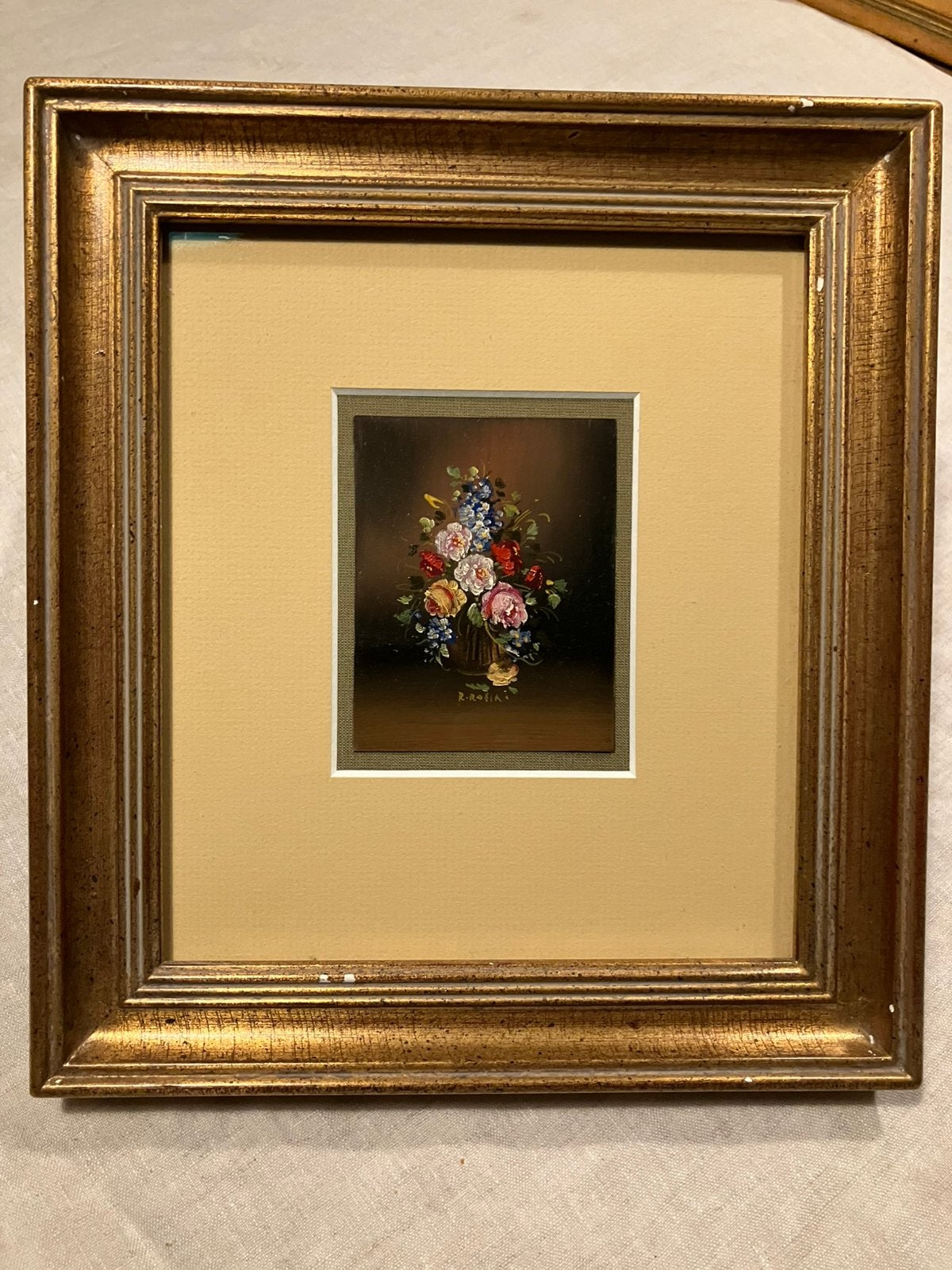Exclusief Miniatuur Olieverf – R. Rosini – Prof. Ingelijst, Bloemen, Gesigneerd, Ophalen of Verzenden, Olieverf