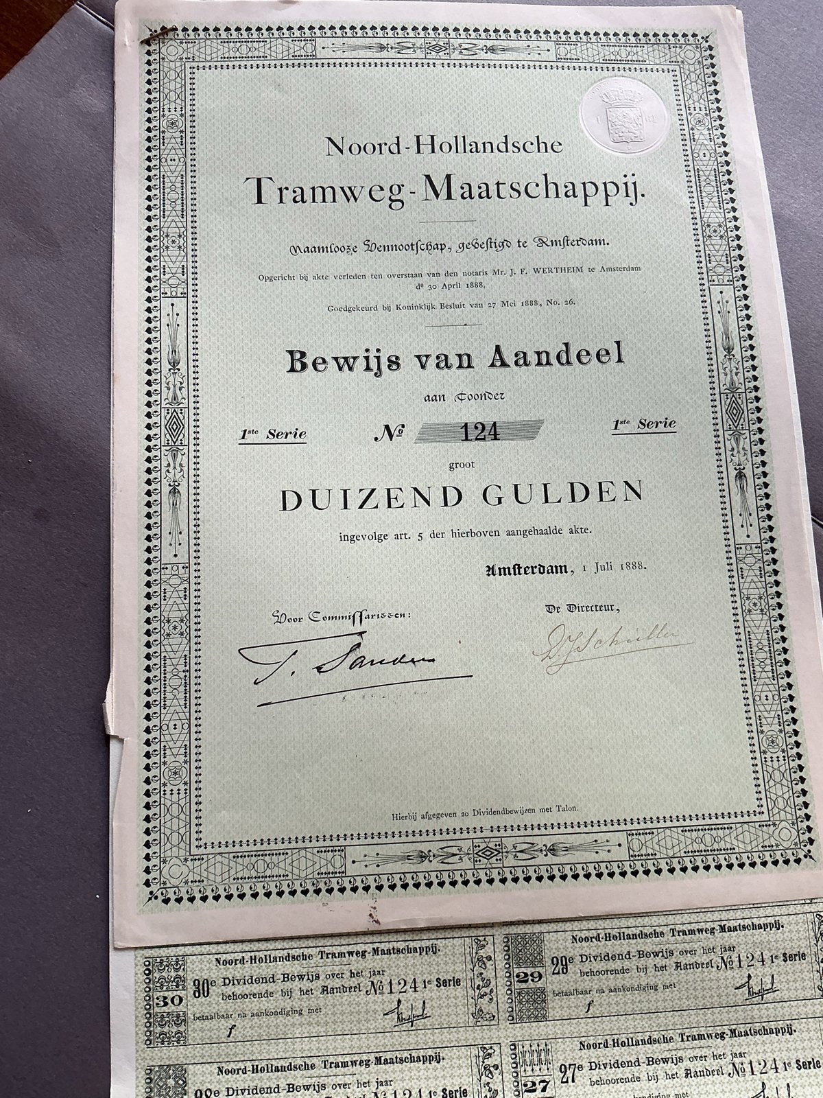 Noord-Hollandsche Tramweg-Maatschappij Aandeel 1888, Verzenden, Voor 1920, Aandeel