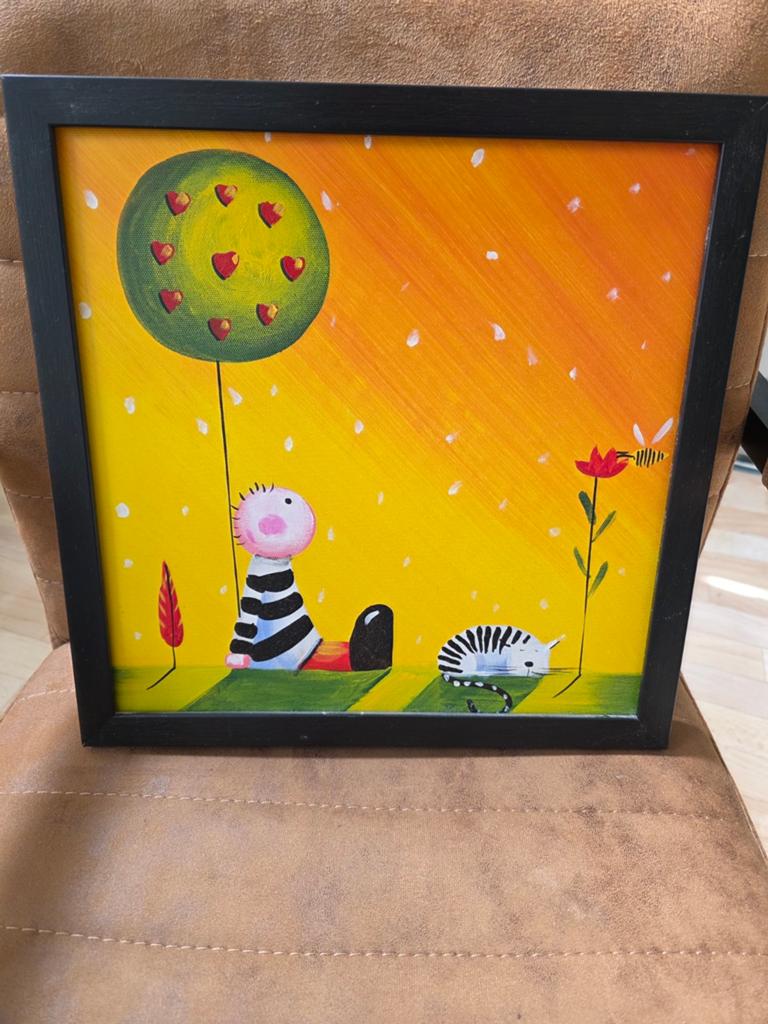 Schilderij met vrolijke kindertekening, Ophalen, Minder dan 50 cm, Zo goed als nieuw, Schilderij