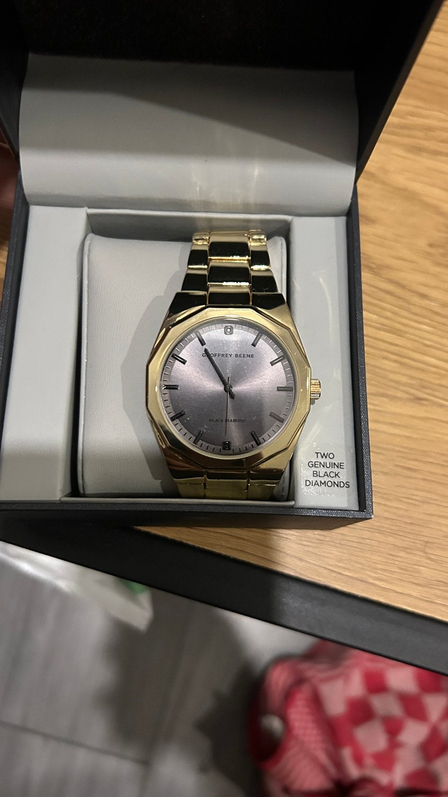 Geoffrey Beene horloge met 2 zwarte diamanten, Sieraden, Tassen en Uiterlijk, Overige merken, Overige materialen, Polshorloge