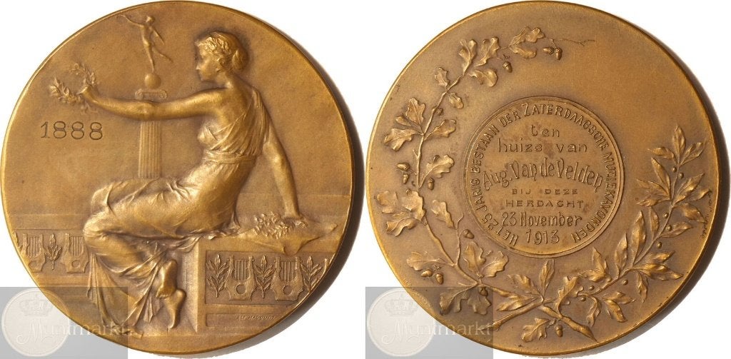 België - Historiepenning 1913 '25-Jarig Muziekavonden Aug.', Ophalen of Verzenden, Brons, Buitenland