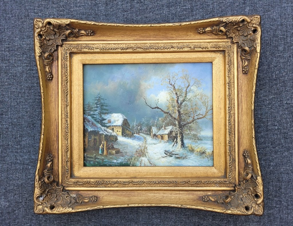 Schilderij Winterlandschap met figuren in barok lijst, Antiek en Kunst, Paneel, Oud hollands, Ophalen of Verzenden, Origineel werk