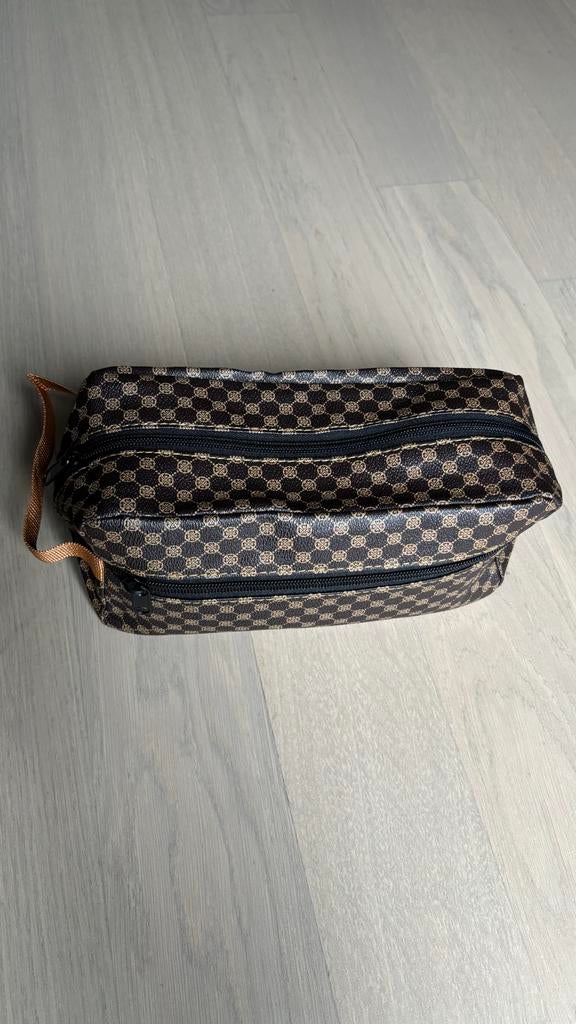Toilettas / make-up tasje met ruitjespatroon 24x10 cm, Verzenden, Zo goed als nieuw, Bruin, Heer of Dame