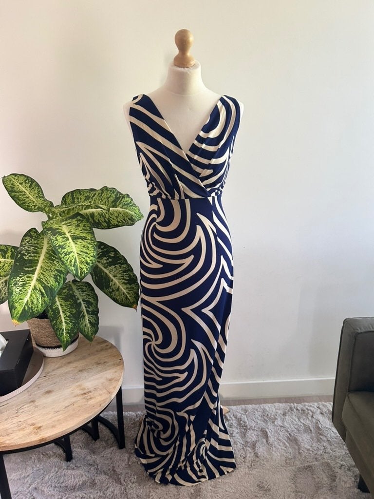 King Louie maat L maxi lange swirl jurk 3352, Blauw, Maat 42/44 (L), Ophalen of Verzenden, Zo goed als nieuw