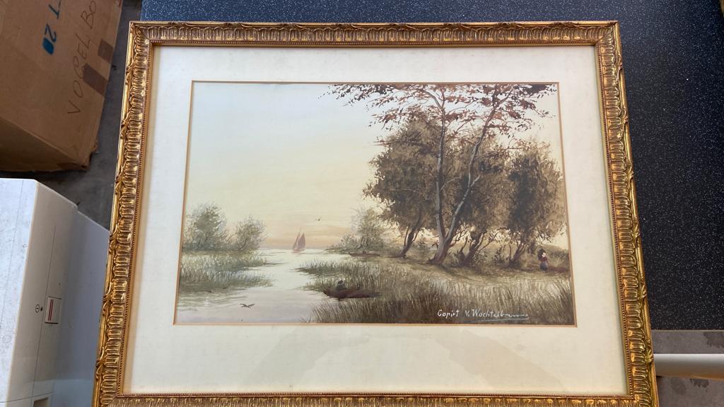 Schilderij met lijst - Landschap met water en boot, Ophalen