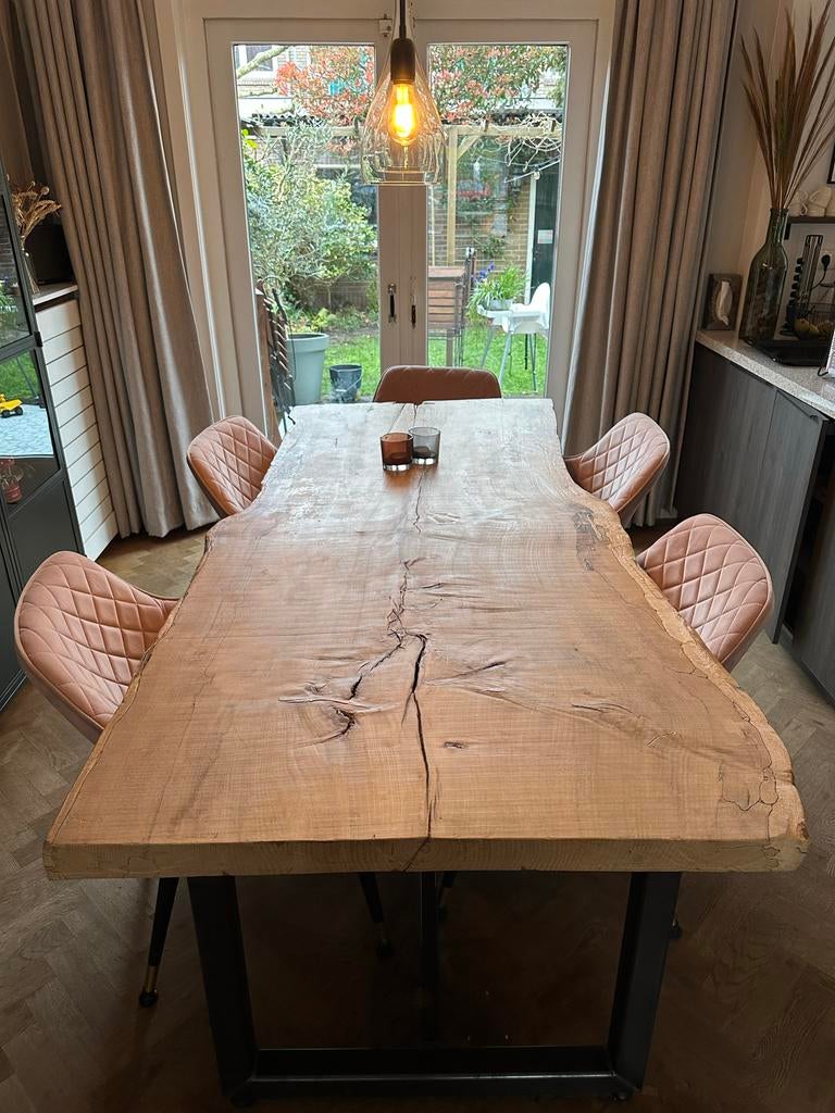 Massieve eiken boomstamtafel met stalen U-onderstel, Ophalen, Gebruikt, Eikenhout, 200 cm of meer