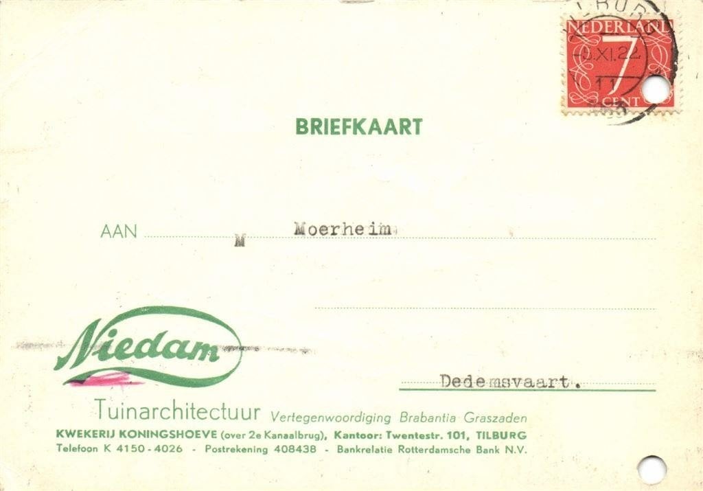 Niedam Tuinarchitectuur, Tilburg - 11.1953 - briefkaart, Ophalen of Verzenden, Briefkaart