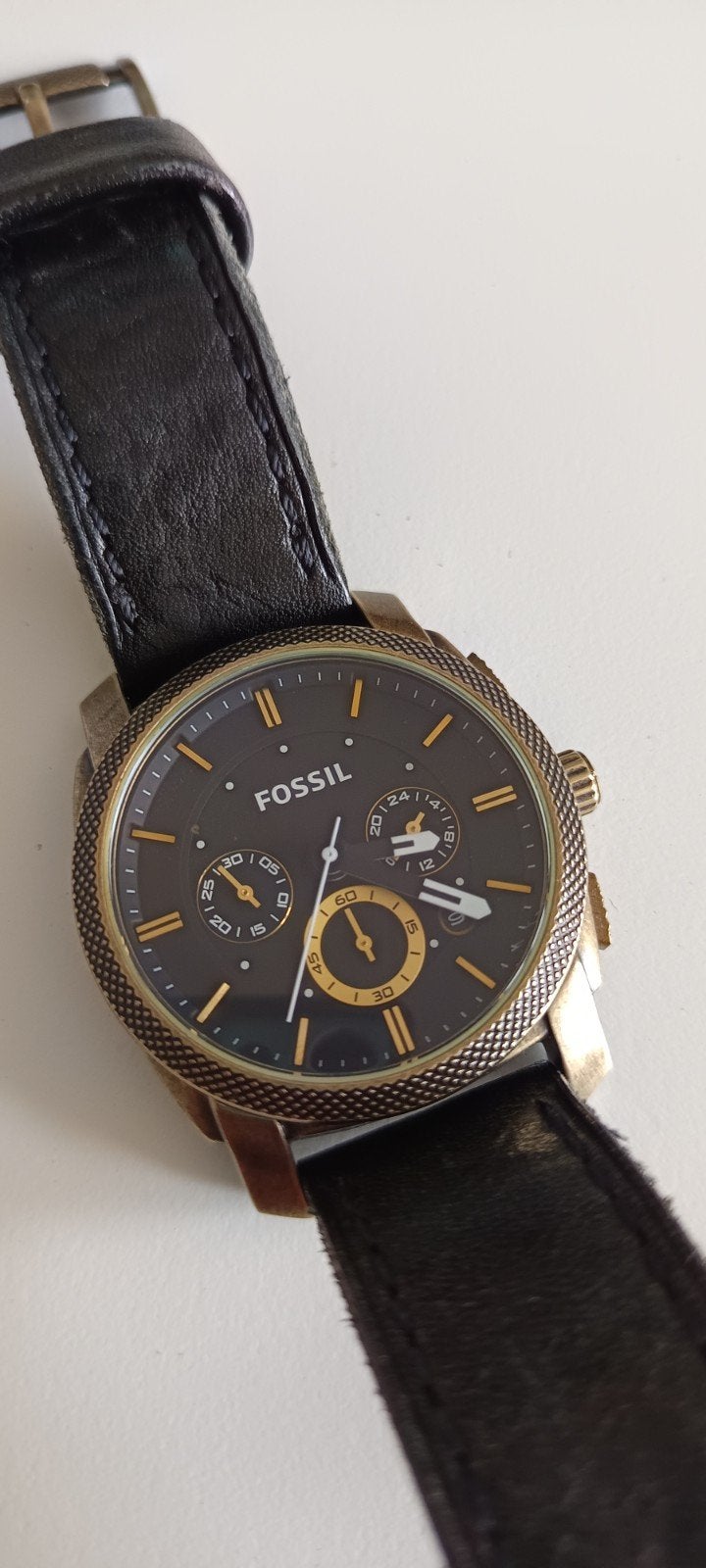 Fossil horloge chronograaf met leren band, Ophalen of Verzenden, Staal, Overige merken, 1960 of later