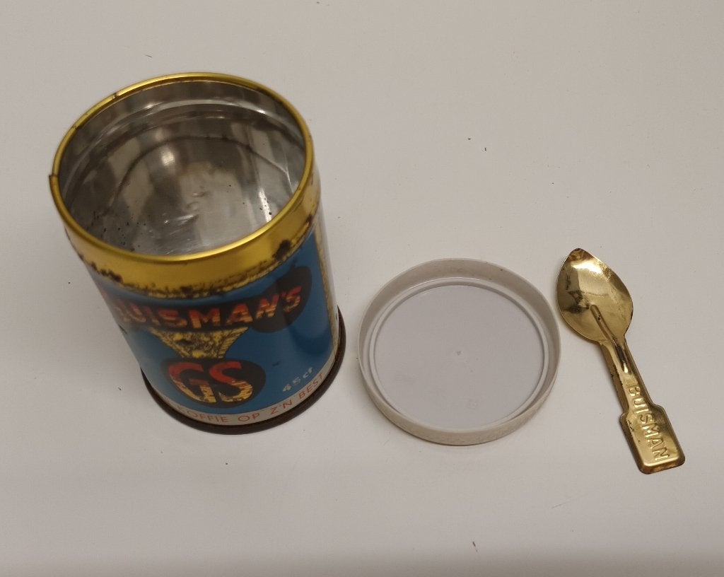 Vintage Buisman's G.S. koffiebusje met lepeltje, Verzamelen, Ophalen of Verzenden, Gebruikt, Koffie, Overige merken