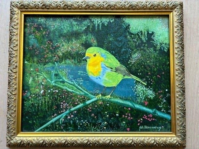 Olieverf schilderij, vogel, 35 x 30 cm, Overige stijlen, Doek, Dieren, Ophalen of Verzenden