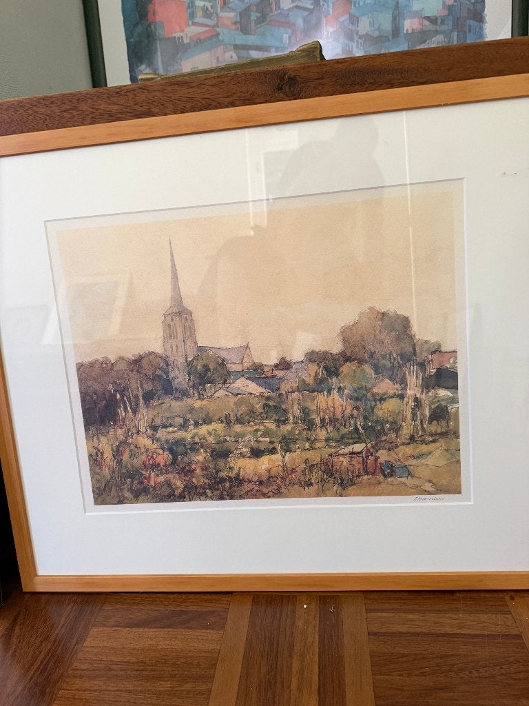 Sepia-aquarel "Gezicht op Zesgehuchten" Frans Manders, Ophalen