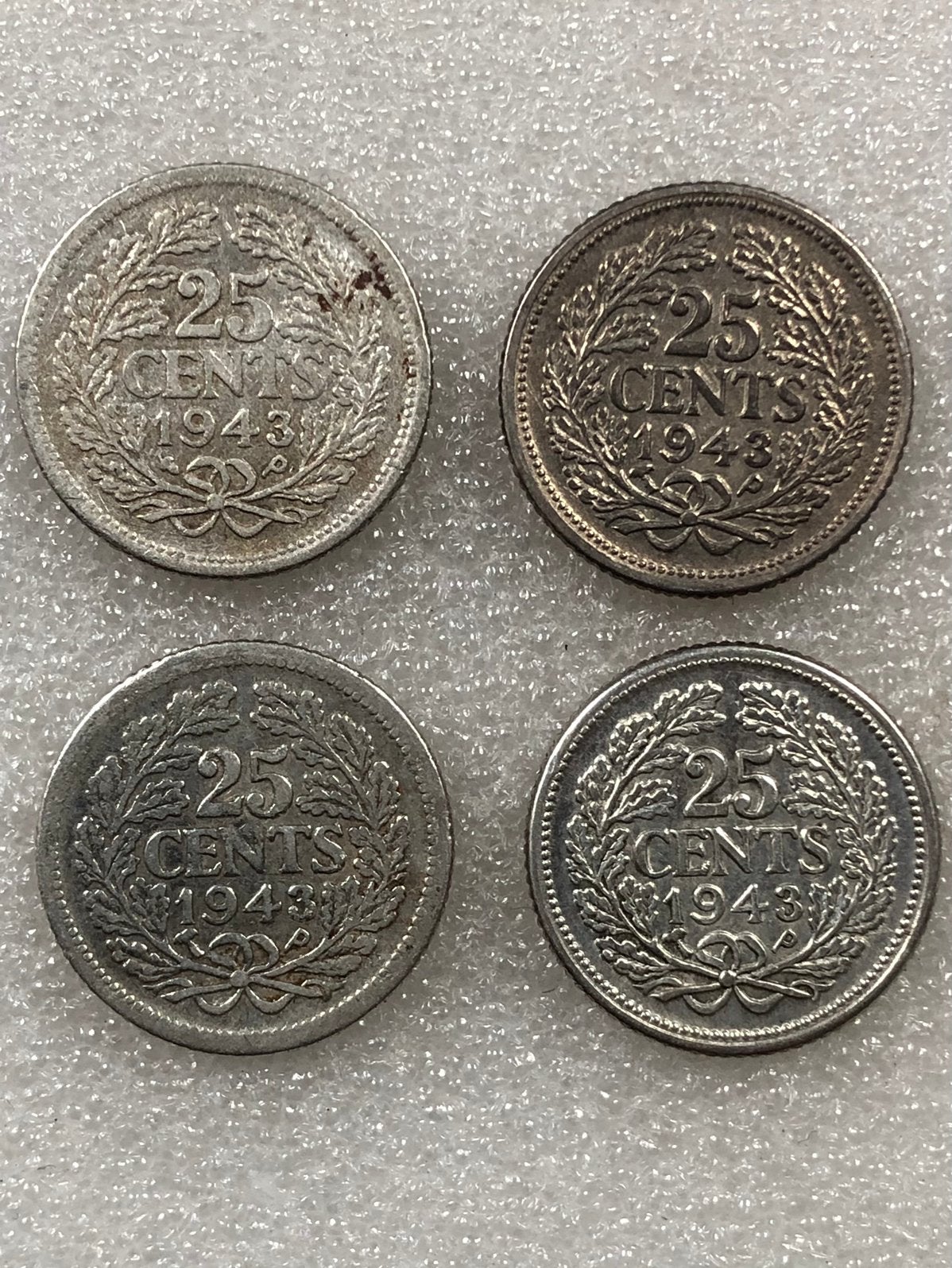 Vier stuks 25 cent 1943, zilver, Wilhelmina., Ophalen of Verzenden, Koningin Wilhelmina, 25 cent, Zilver