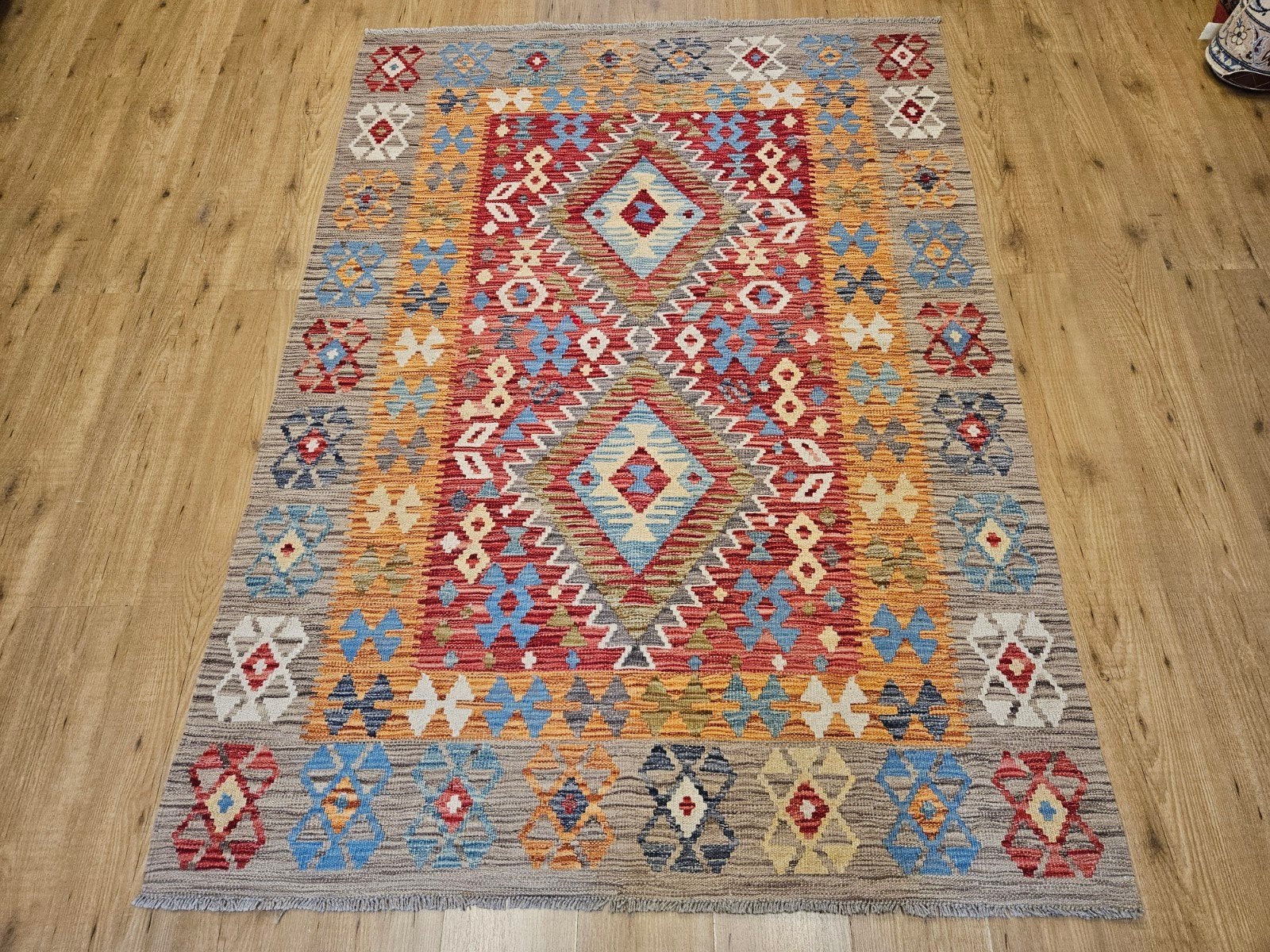 handgeweven oosterse wollen kelim 198x141, Info@SlatsAntiek.nl, 100 tot 150 cm, Ophalen of Verzenden, Kelim