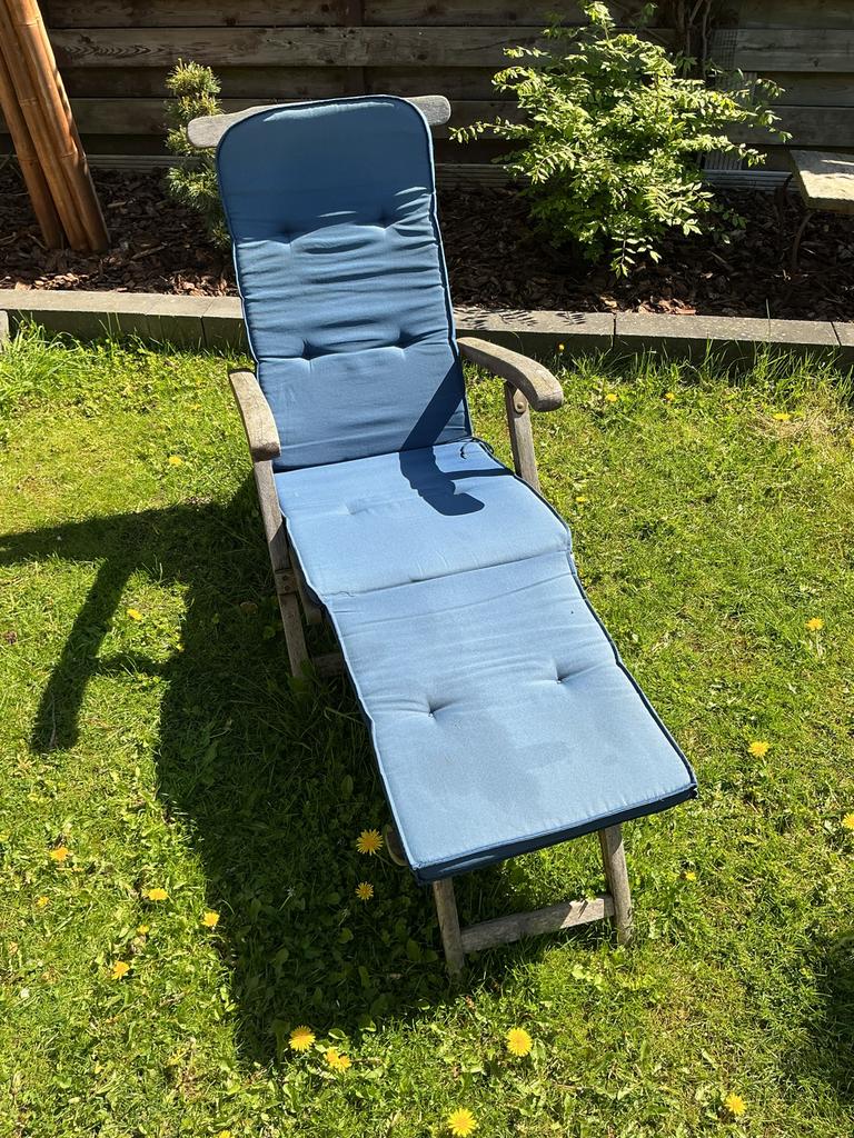 Óude Houten Dekchair met kussen, Ophalen, Gebruikt, Hout, Verstelbaar