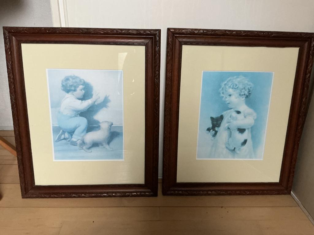 Twee houten passe partout kinderafbeelding brocante, Huis en Inrichting, Woonaccessoires | Schilderijen, Tekeningen en Foto's