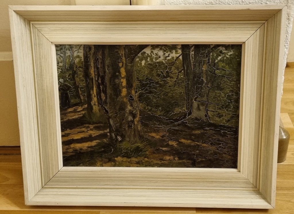 Houtsprokkelaar in het bos., Antiek en Kunst, Ophalen of Verzenden