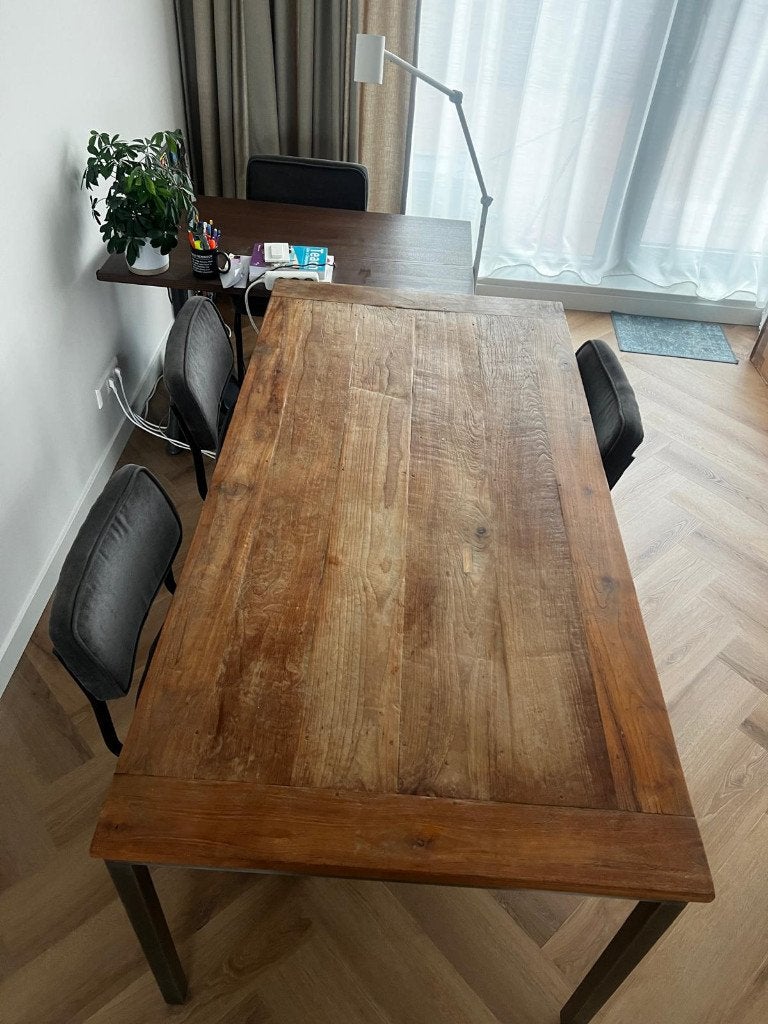 Stoere industriële eettafel hout & staal – 180x90cm – Loft8, Huis en Inrichting, Ophalen, Teakhout, 50 tot 100 cm, Zo goed als nieuw