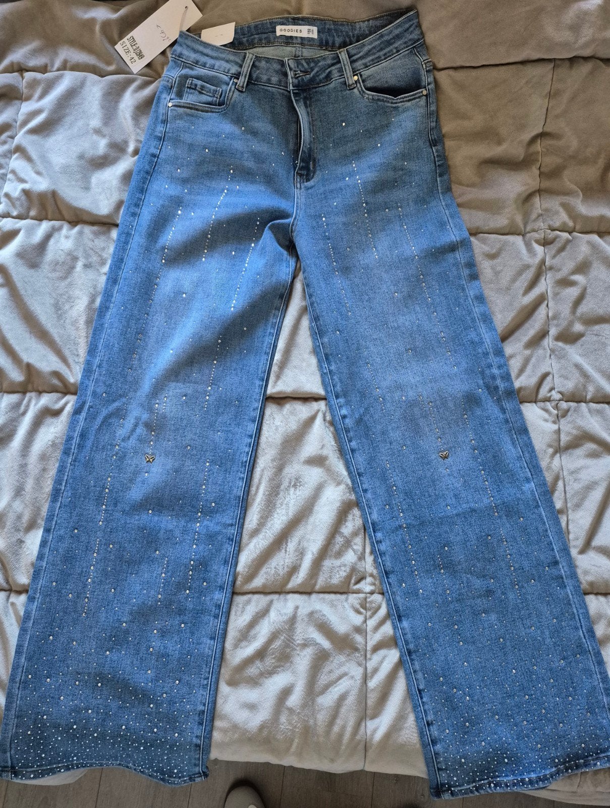 Nieuwe Goodies Jeans met strass en vlinders, maat 42, Blauw, Nieuw, Ophalen of Verzenden, W33 - W36 (confectie 42/44)