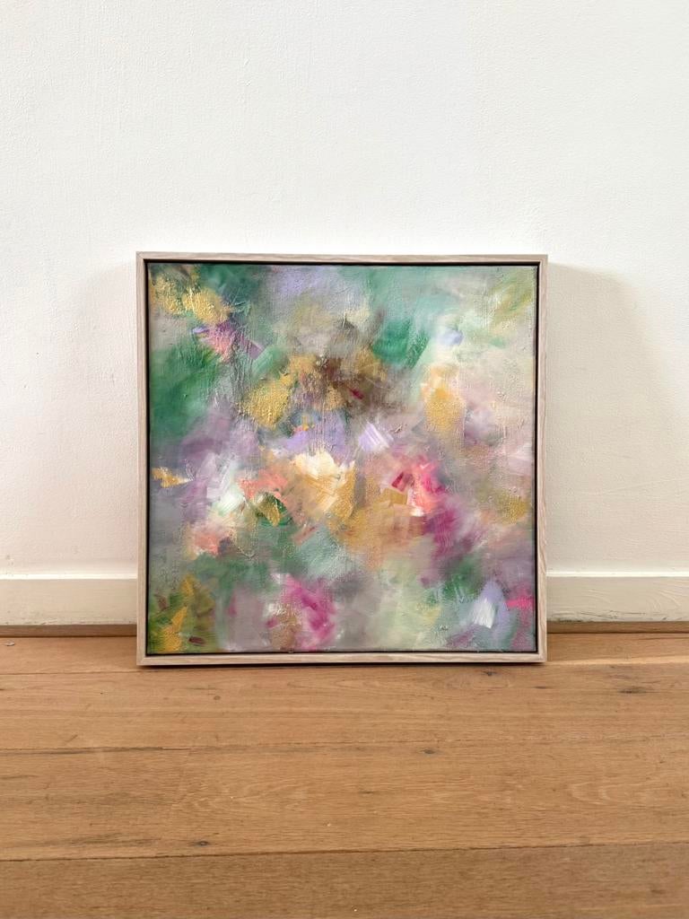 Kleurrijk, abstract acryl schilderij met goud 50x50 cm, Ophalen of Verzenden