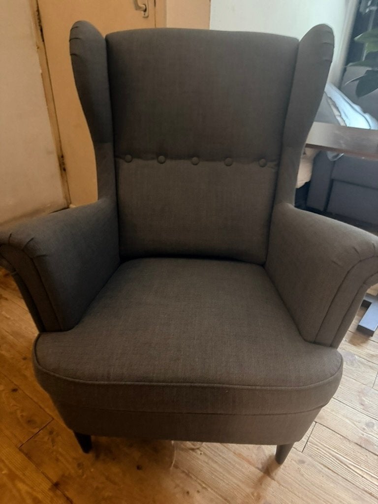 STRANDMON Fauteuil en voetenbank, Ophalen, Hout, Zo goed als nieuw, 75 tot 100 cm