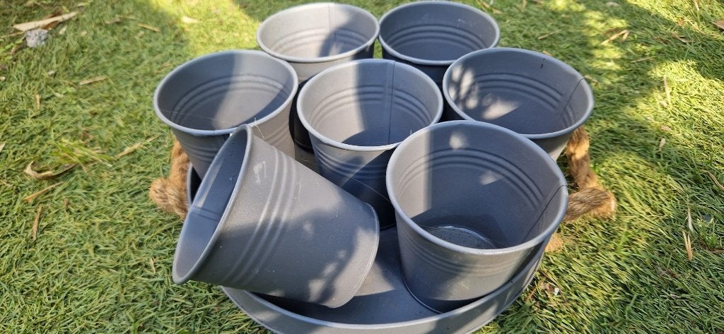 Leuk setje zinken potjes voor binnen of buiten (brocante), Gebruikt, Rond, Ophalen of Verzenden, Metaal
