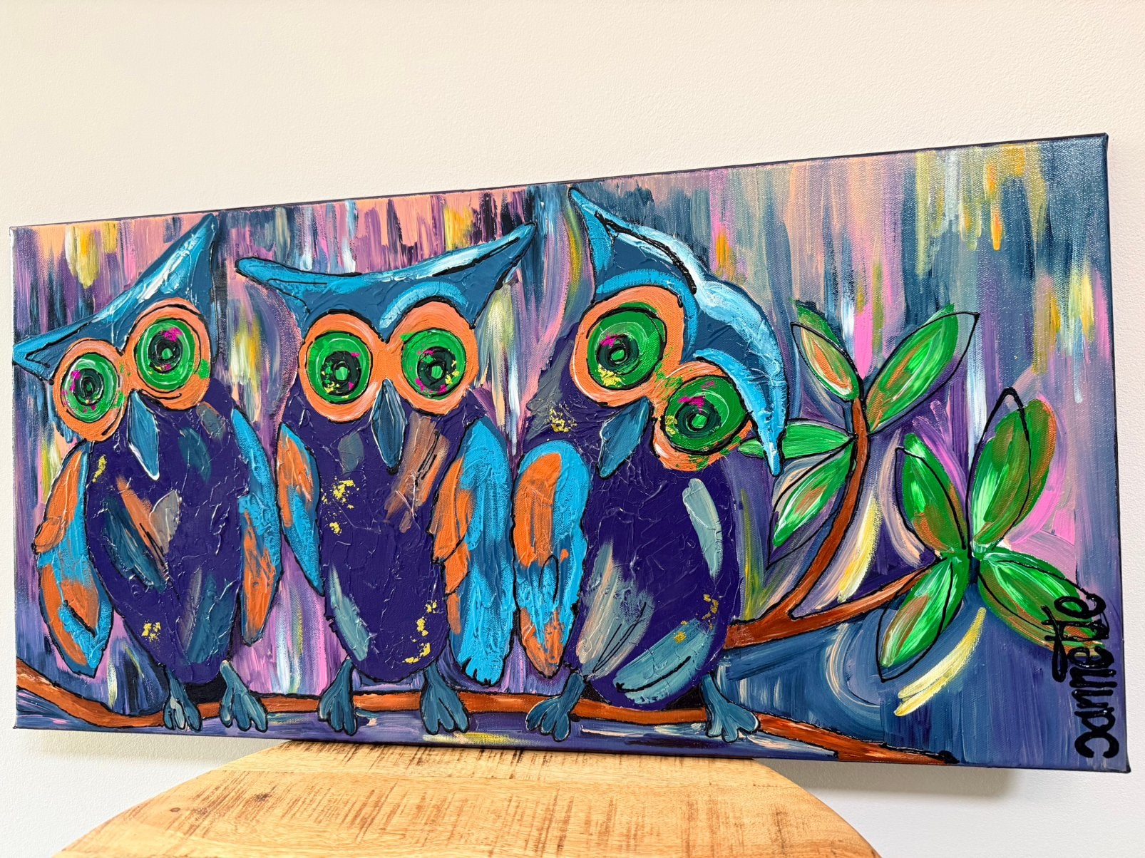 Langwerpig schilderij Uiltjes, Verzenden, Overige materialen, Gesigneerd, Abstract