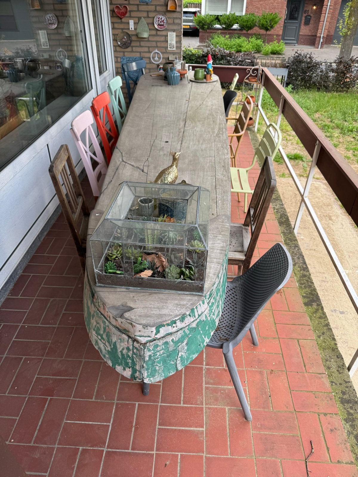 Unieke Buitentafel van Oud Zeilboot Zwaard - 420x80-100cm, Ophalen of Verzenden, Gebruikt, Rechthoekig, Hout