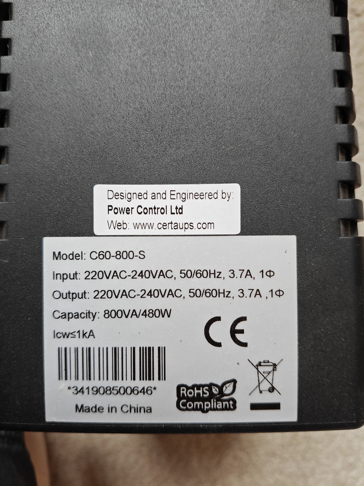 CertaUPS C60-800-S UPS Noodstroomvoeding 800VA/480W, Ophalen of Verzenden, Gebruikt