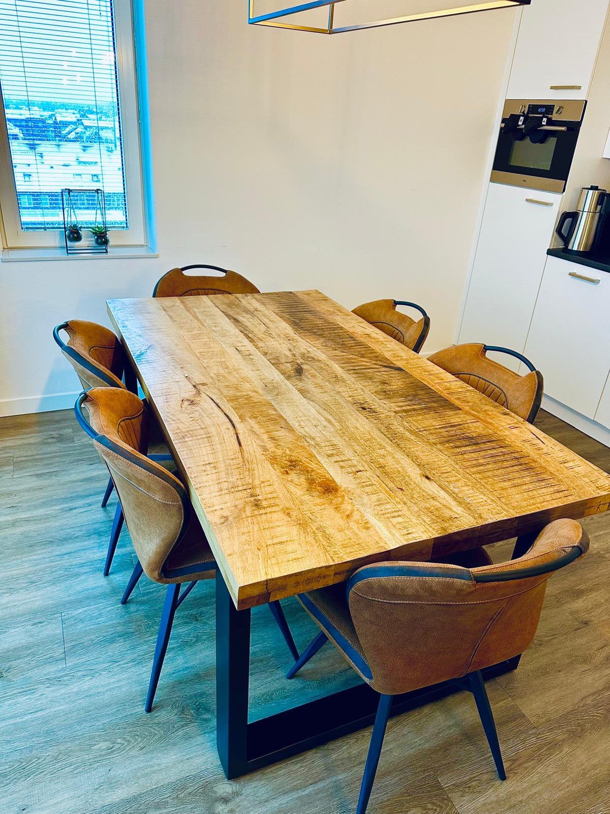 Houten eettafel, Ophalen, 100 tot 150 cm, Zo goed als nieuw, Vijf personen of meer