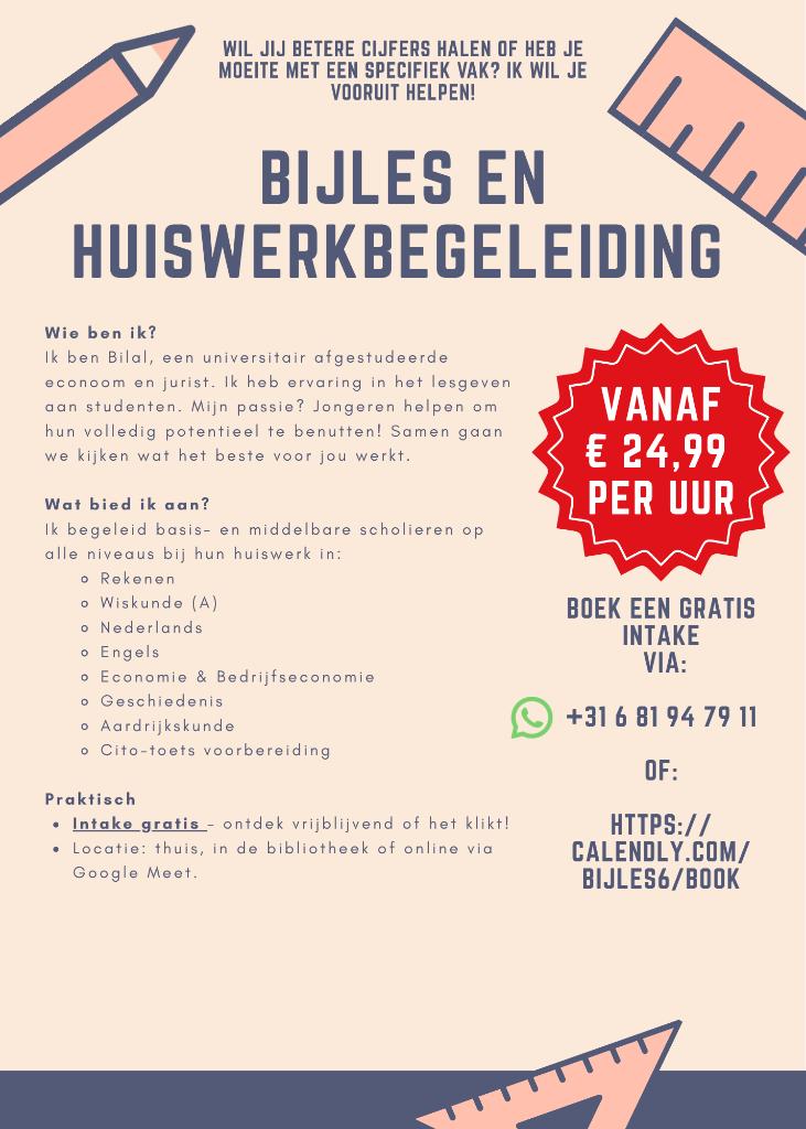 Persoonlijke huiswerkbegeleiding (Dutch & English), Privéles, Bijles
