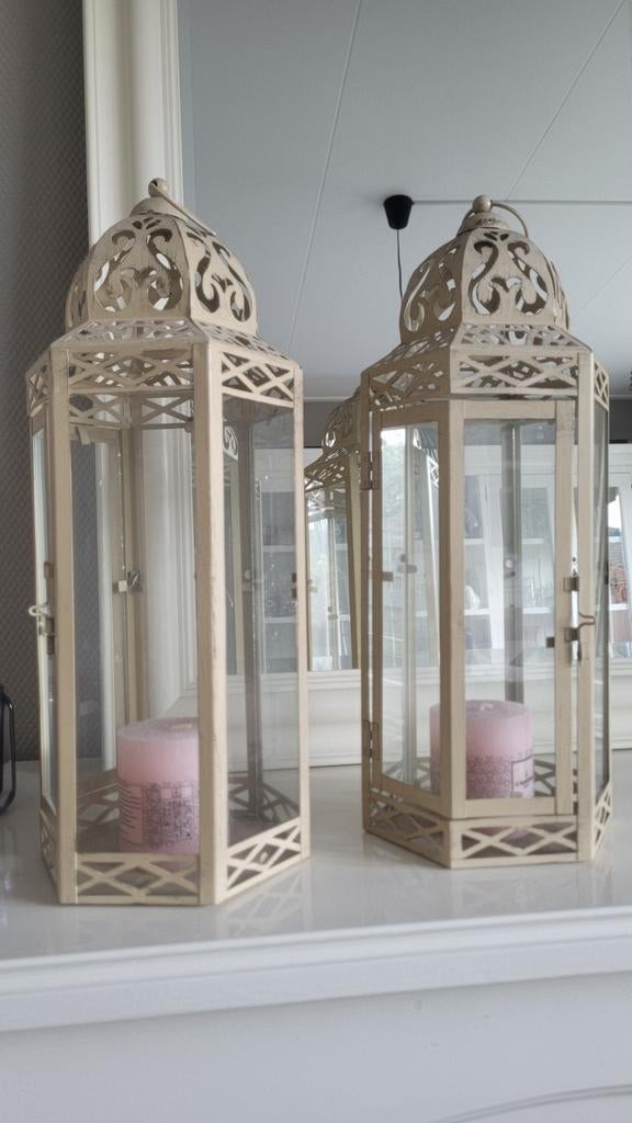 Set van 2 decoratieve kandelaars, 45 cm hoog, Ophalen, Gebruikt, 25 tot 50 cm, Crème