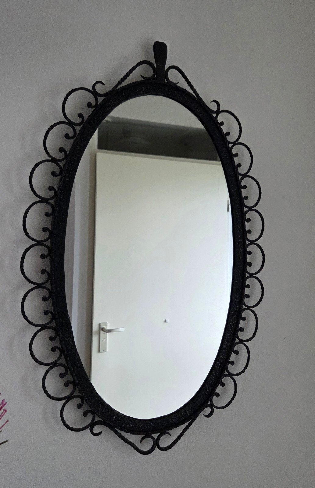 Smeedijzeren zwarte frame spiegel.  Vintage, brocante stijl, Ophalen, Minder dan 50 cm, Zo goed als nieuw, Minder dan 100 cm