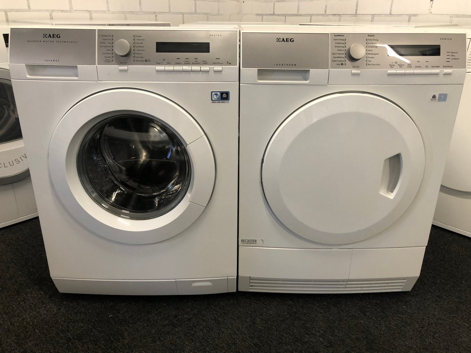€425 SET AEG Protex wasmachine en warmtepomp droger OPHALEN, Ophalen, 6 tot 8 kg, Minder dan 85 cm, Kort programma