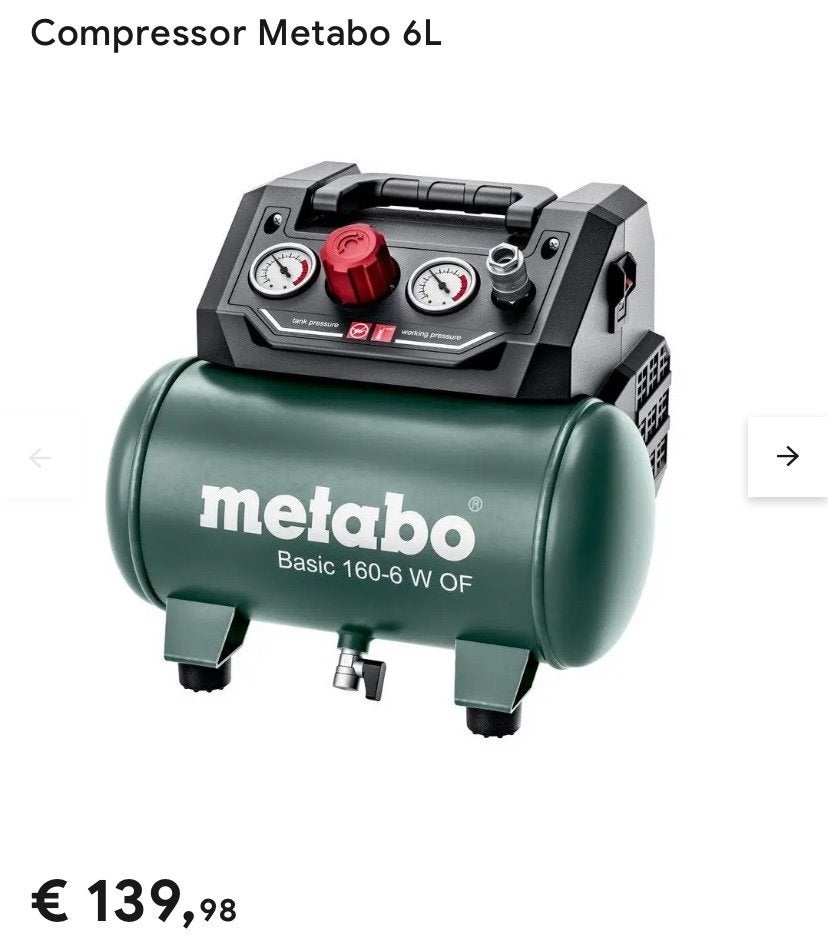 Compressor Metabo 6L, Spiraalslang en Spuit-pistool, 6 tot 10 bar, Nieuw, Ophalen of Verzenden, Minder dan 200 liter/min