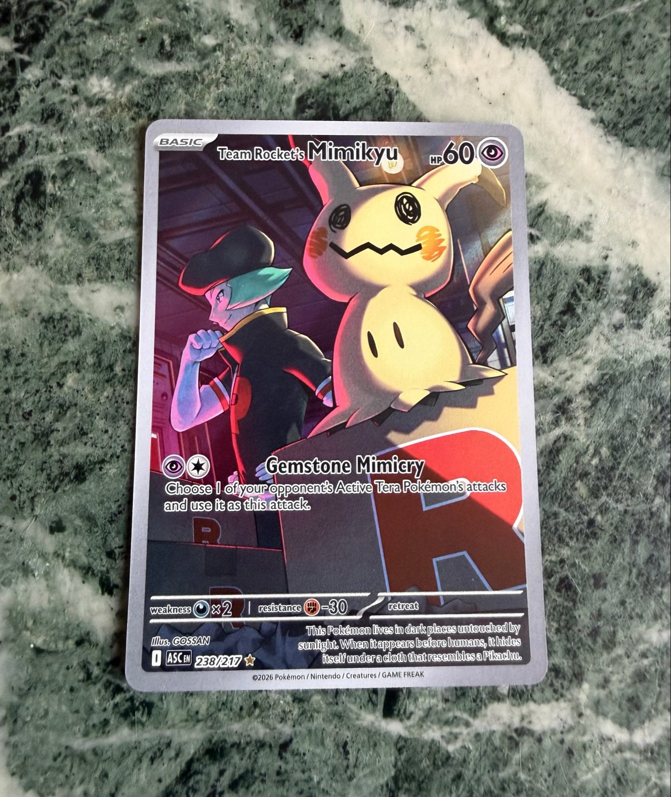 Pokémon Kaart: Team Rocket's Mimikyu 238/217, Ophalen of Verzenden, Zo goed als nieuw, Losse kaart, Foil