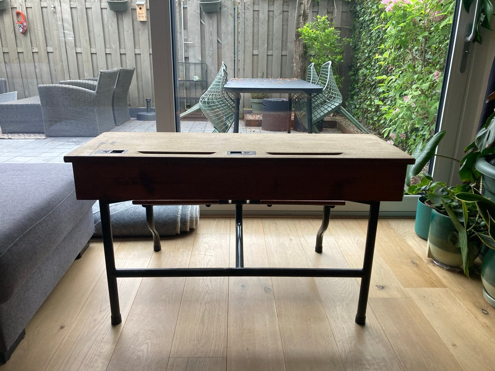 Vintage dubbele schoolbank met stoelen - Janssen & Fritsen, Ophalen