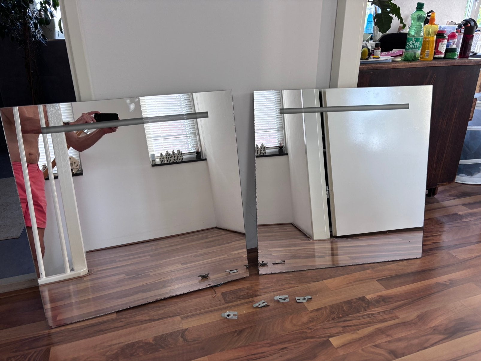 Spiegel met lamp (2), Ophalen, Gebruikt, Vierkant, Minder dan 100 cm