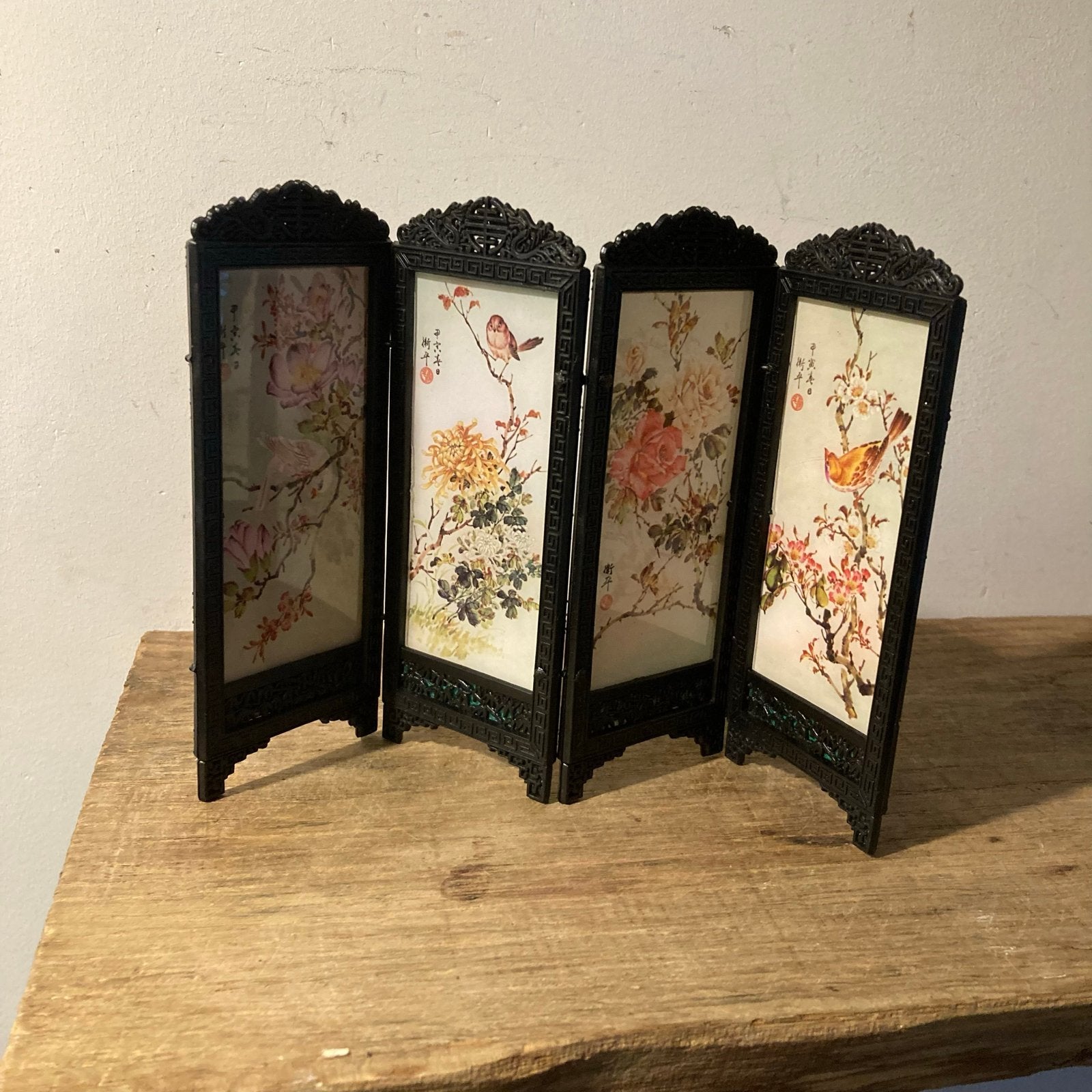 Vintage Chinees miniatuur kamerscherm met vogels (23x15cm), Ophalen of Verzenden