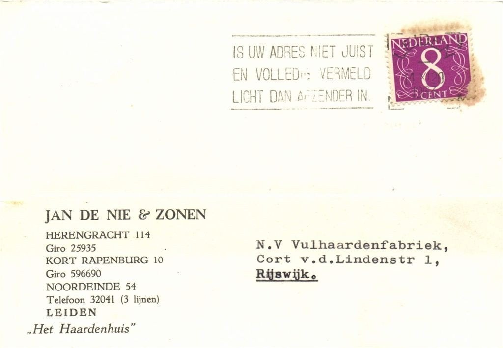 Jan de Nie + Zonen, Leiden - Het Haardenhuis - 11.1963 - bri, Ophalen of Verzenden, Briefkaart