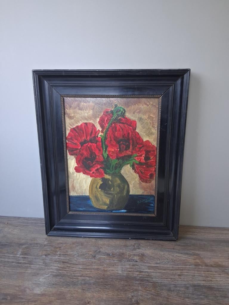 stilleven met rode klaprozen in een vaas, schilderij, Ophalen of Verzenden