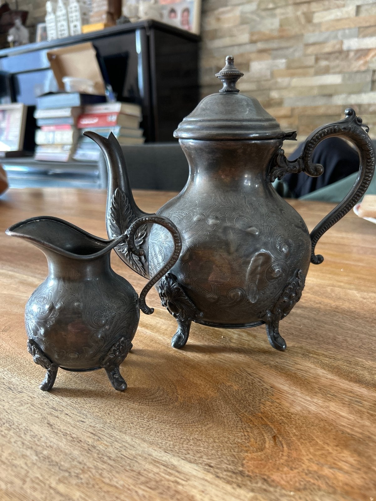 Antieke tin verzilverde theepot en melkkan set, Ophalen of Verzenden