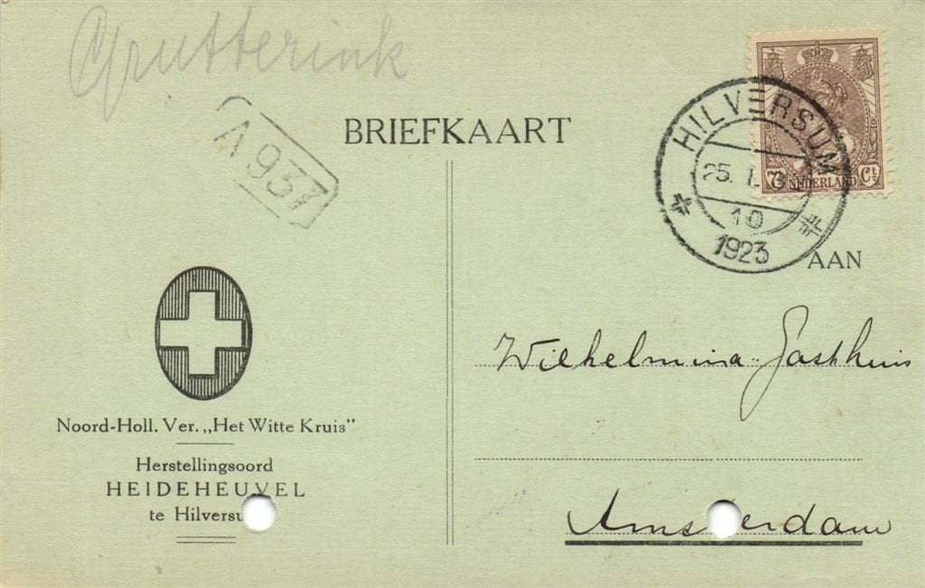 Herstellingsoord Heideheuvel, Hilversum - 01.1923 - briefkaa, Ophalen of Verzenden, Briefkaart