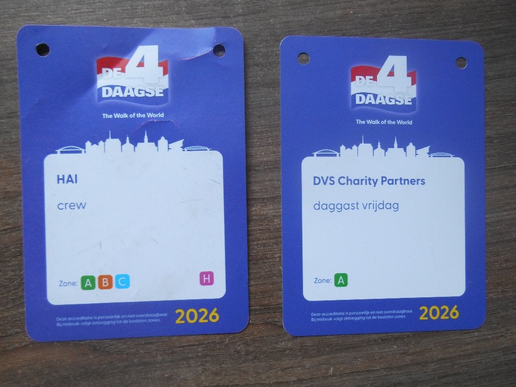 Vierdaagse Crew kaart HAI en DVS CHARITY PARTNERS 2026, Ophalen of Verzenden, Gebruikt, Overige typen